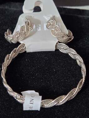 Silver Tone Braided Twist Hoop Earrings Textured Rope Design #AES14